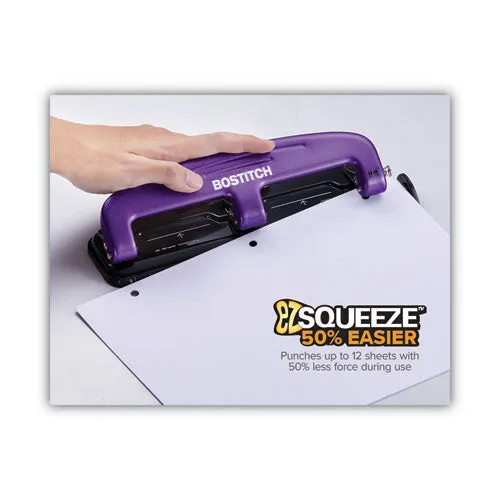 12-sheet Ez Squeeze Three-hole Punch, 9/32 Holes, Purple/black