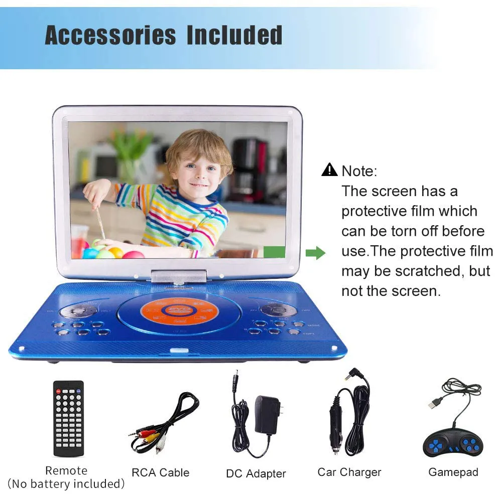 16.9 Portable DVD Player with 14.1 Large Swivel Screen, Car DVD Player Portable with 4 Hrs Rechargeable Battery, Mobile DVD Player for Kids, Sync TV, Support USB SD Card with Car Charger (Blue)