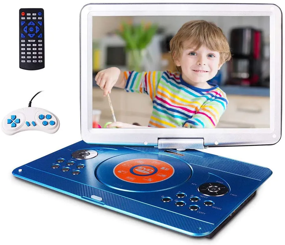 16.9 Portable DVD Player with 14.1 Large Swivel Screen, Car DVD Player Portable with 4 Hrs Rechargeable Battery, Mobile DVD Player for Kids, Sync TV, Support USB SD Card with Car Charger (Blue)