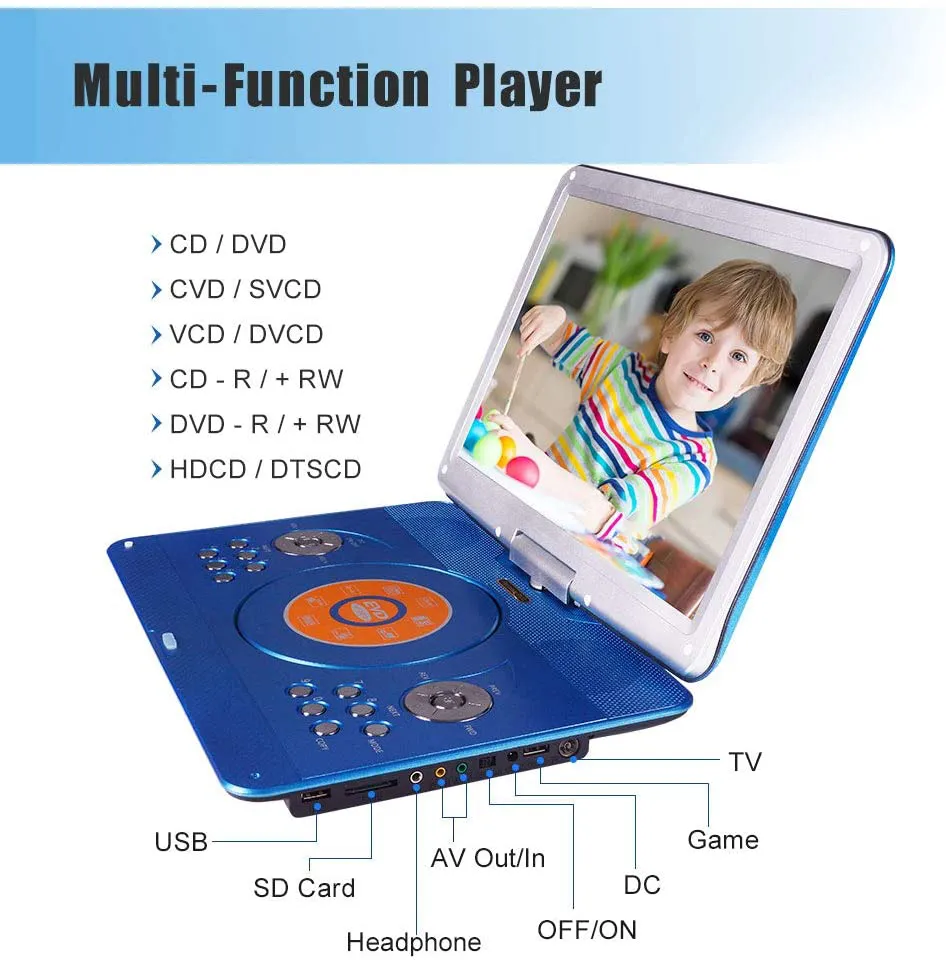 16.9 Portable DVD Player with 14.1 Large Swivel Screen, Car DVD Player Portable with 4 Hrs Rechargeable Battery, Mobile DVD Player for Kids, Sync TV, Support USB SD Card with Car Charger (Blue)