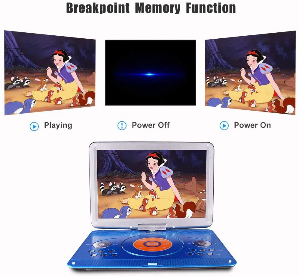 16.9 Portable DVD Player with 14.1 Large Swivel Screen, Car DVD Player Portable with 4 Hrs Rechargeable Battery, Mobile DVD Player for Kids, Sync TV, Support USB SD Card with Car Charger (Blue)