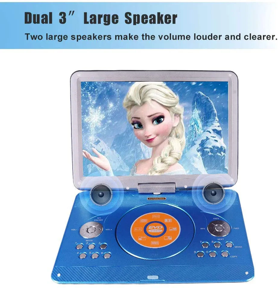 16.9 Portable DVD Player with 14.1 Large Swivel Screen, Car DVD Player Portable with 4 Hrs Rechargeable Battery, Mobile DVD Player for Kids, Sync TV, Support USB SD Card with Car Charger (Blue)