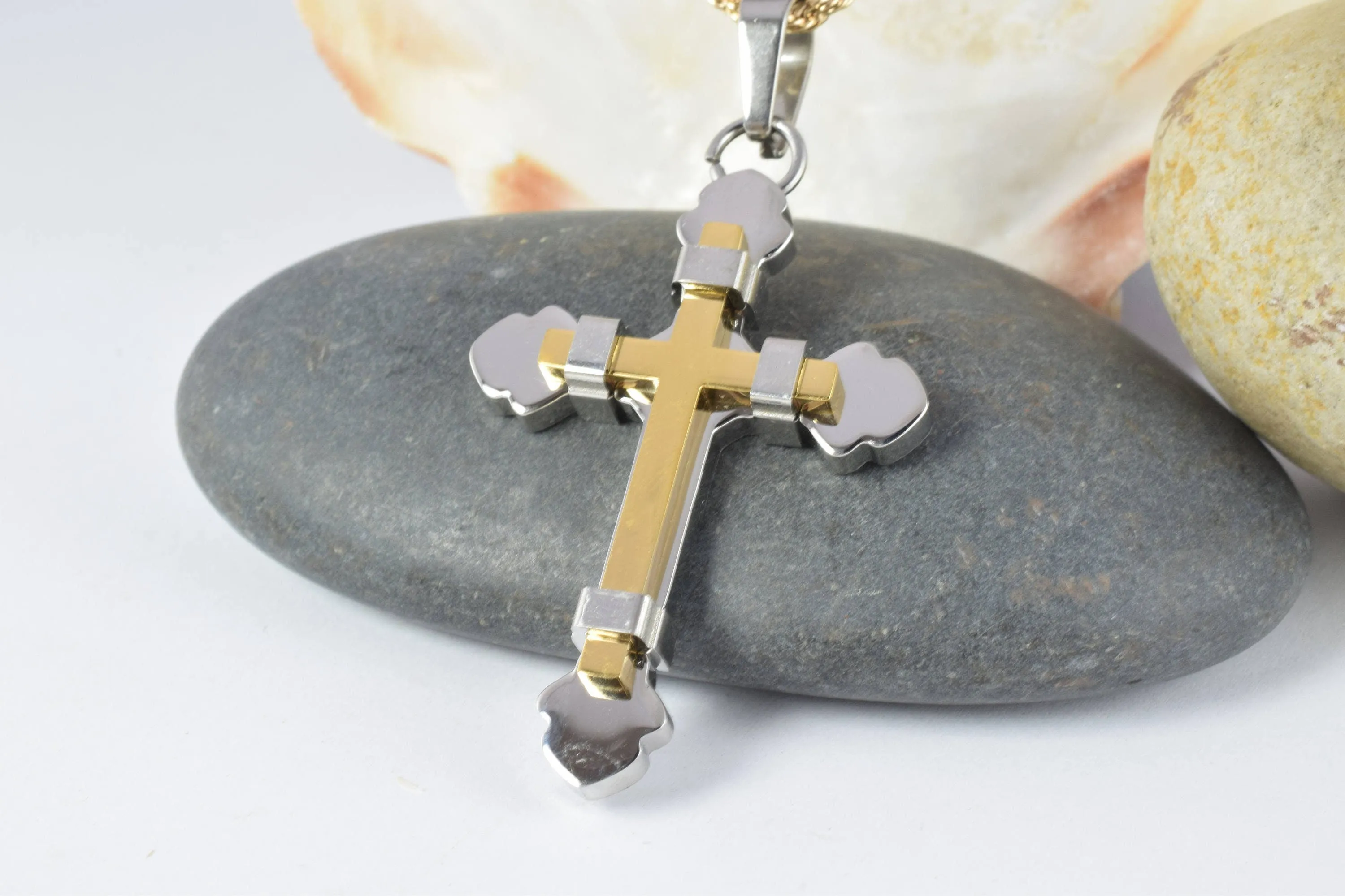 18K Gold Filled Cross Religious Pendants Stainless Steel Size 48x33mm Christian Religious, First Communion Baby Baptism For Jewelry Making