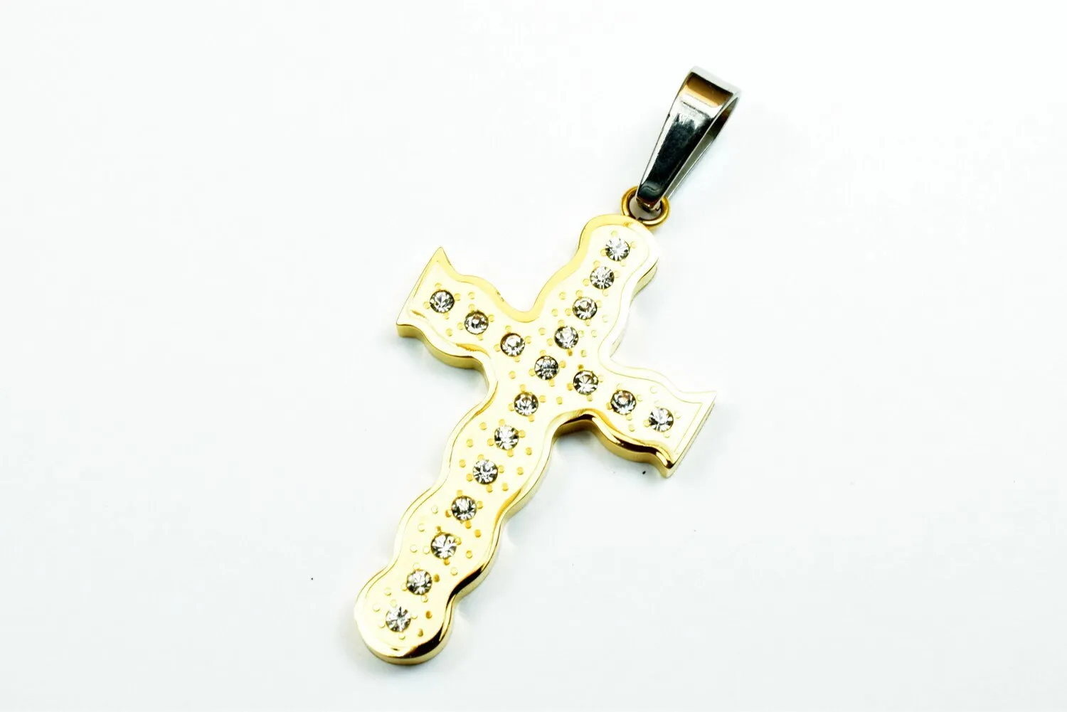 18K Gold Filled Cross Stainless Steel Pendants Cubic Zirconia Size 44x25mm, Christian Religious Charm Communion Baptism For Jewelry Making