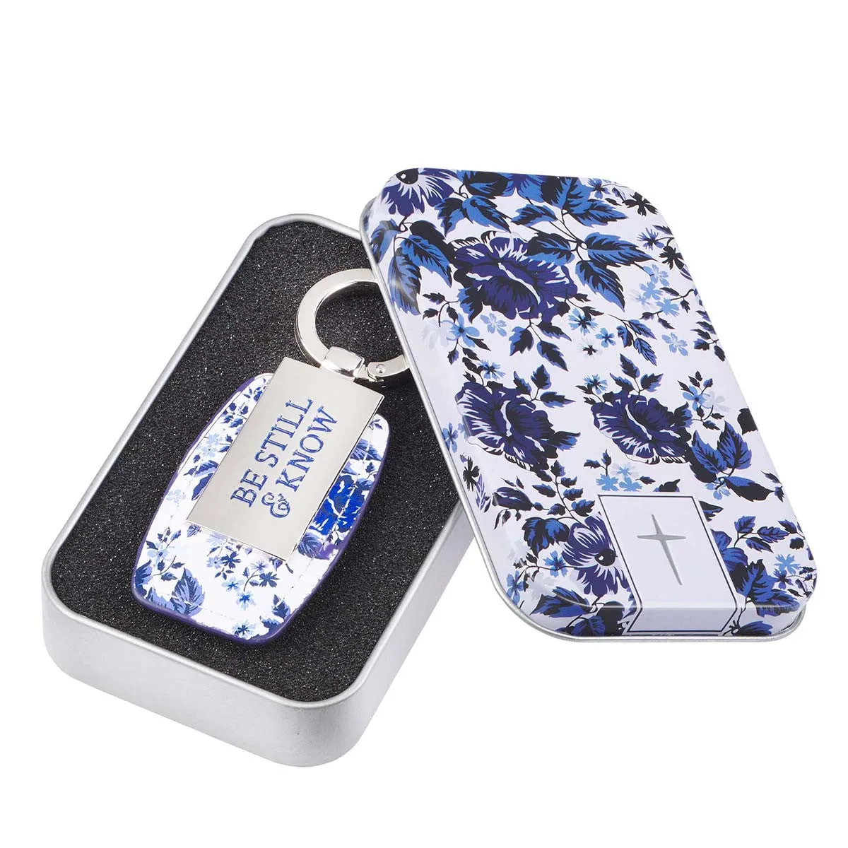 Be Still & Know Blue Floral Metal Keyring in Gift Tin - Psalm 46:10