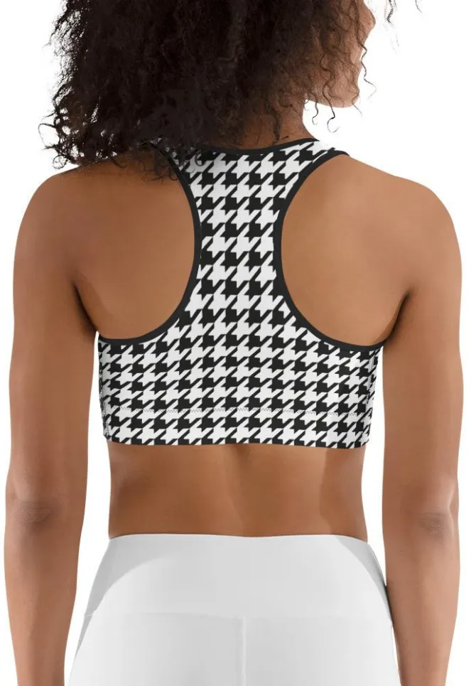 Black & White Houndstooth Print Sports Bra