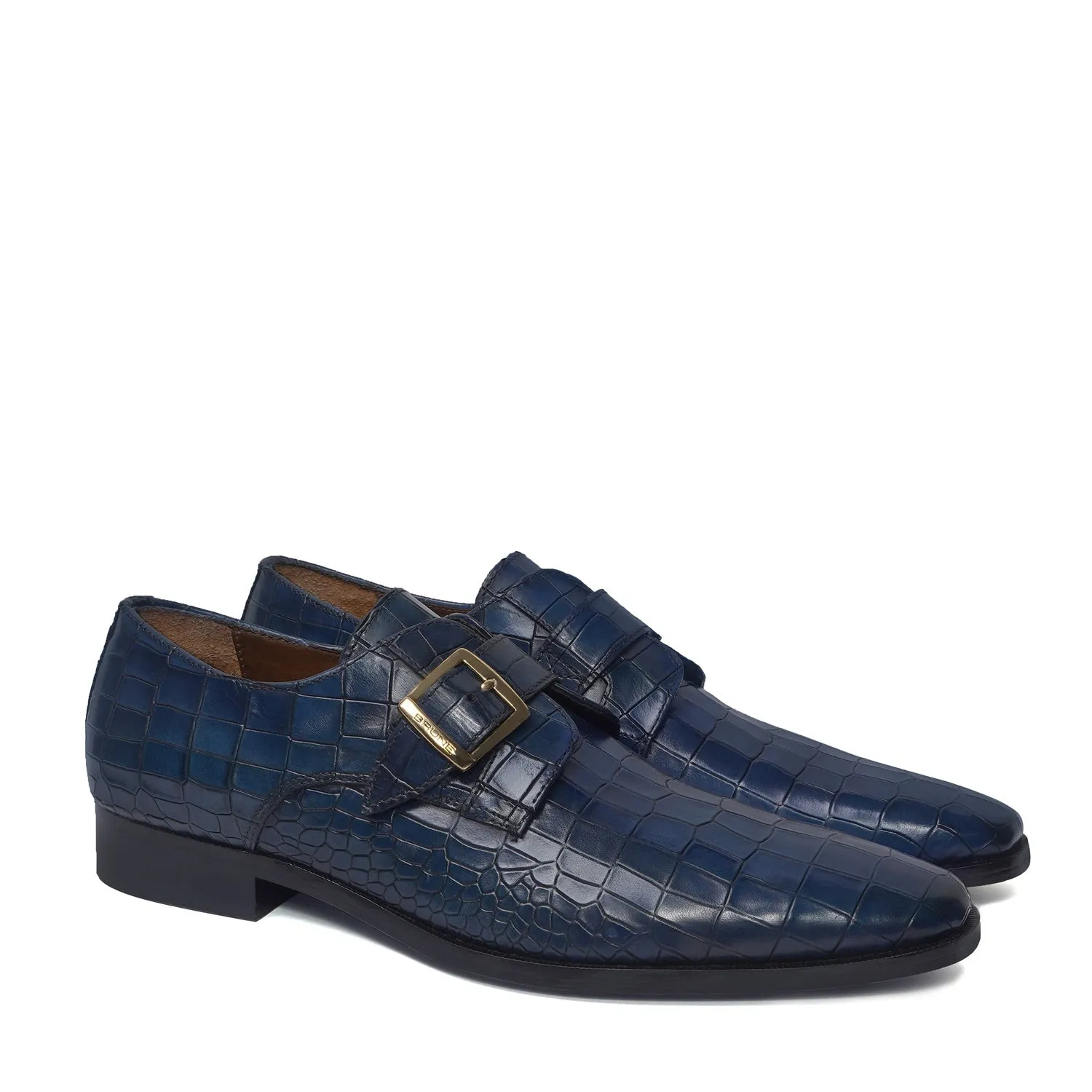 Blue Deep Cut Leather Slant Toe Derby Monk Strap Shoes