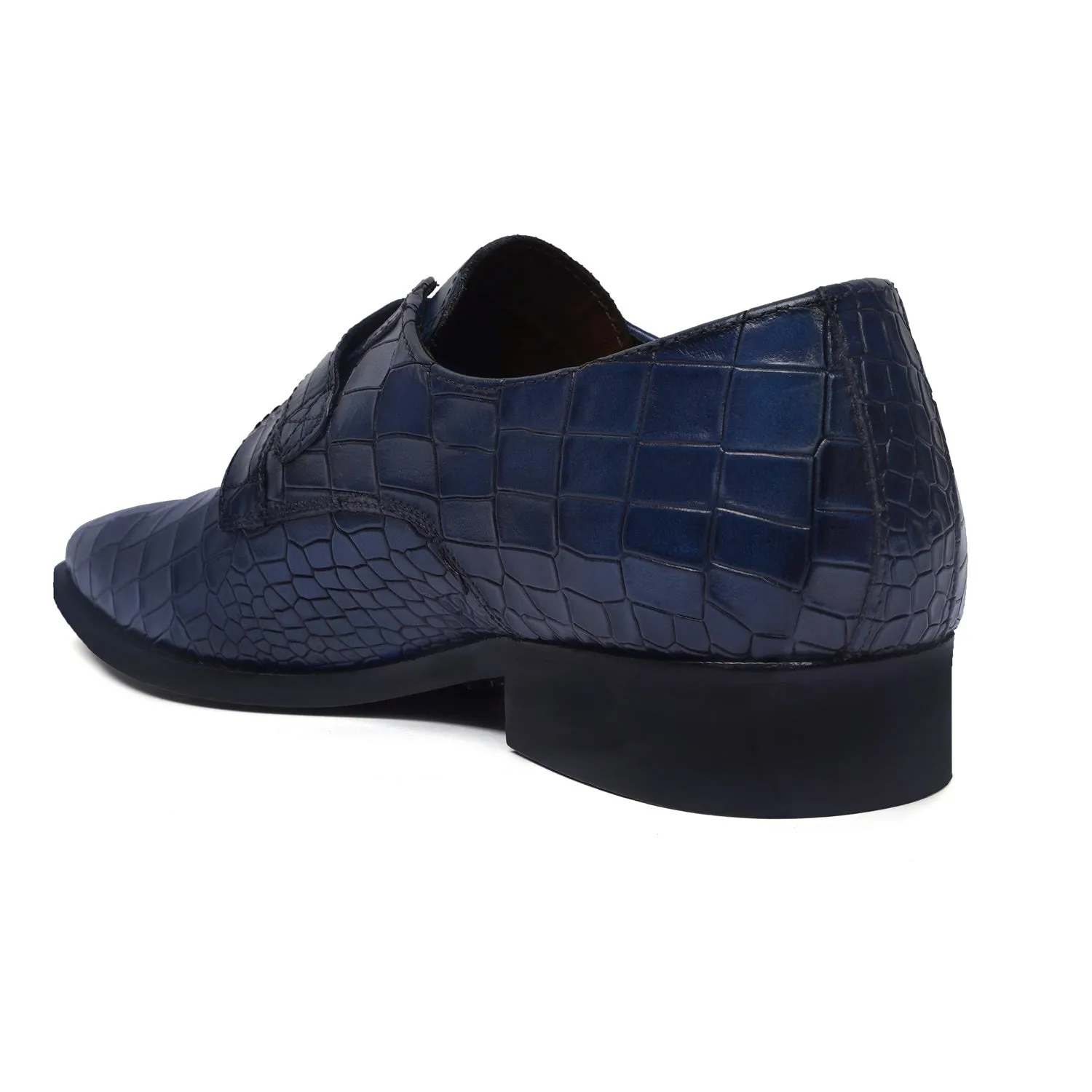 Blue Deep Cut Leather Slant Toe Derby Monk Strap Shoes