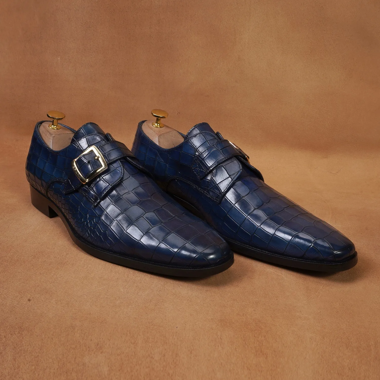 Blue Deep Cut Leather Slant Toe Derby Monk Strap Shoes