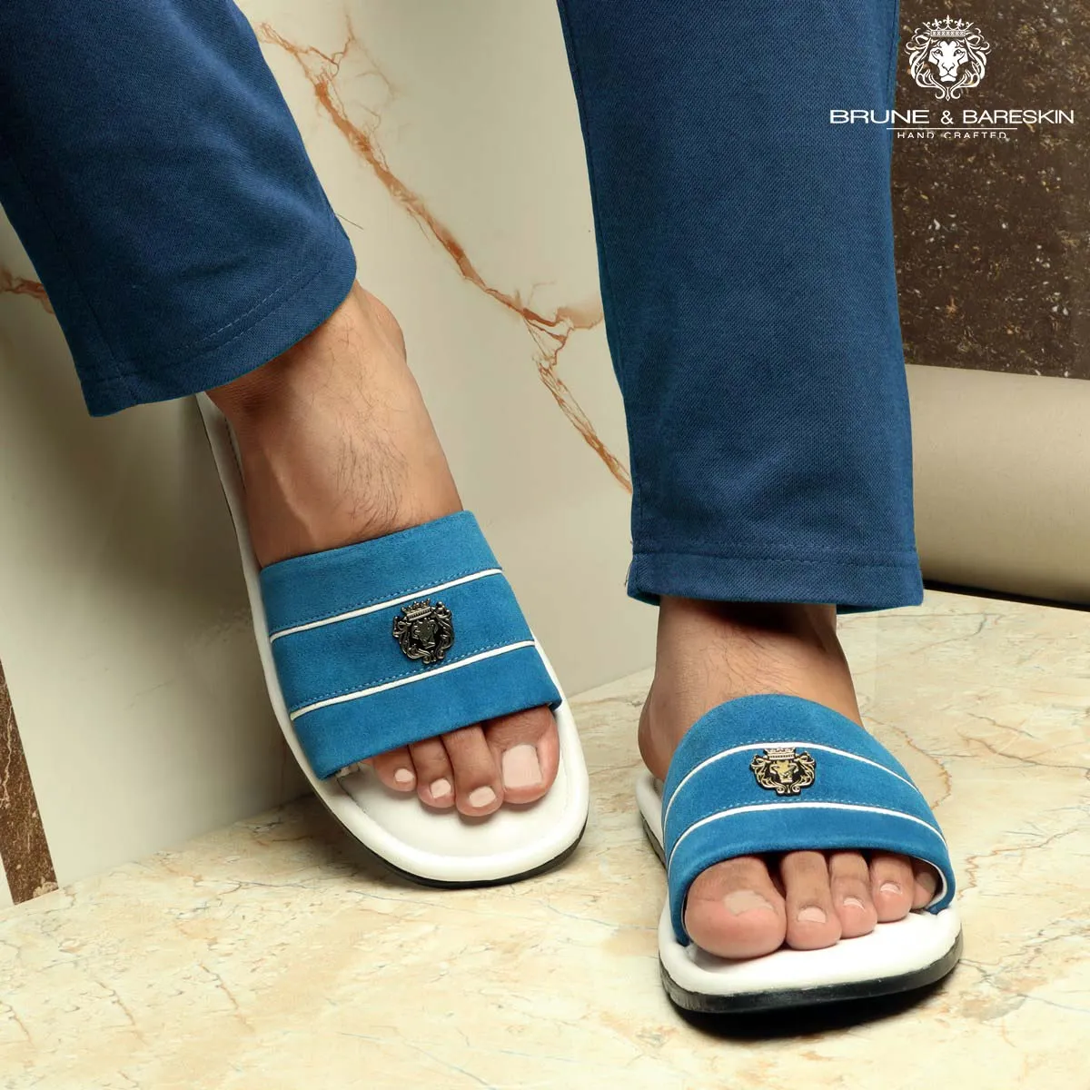 Blue Suede Strap White Leather Slide-in Slippers