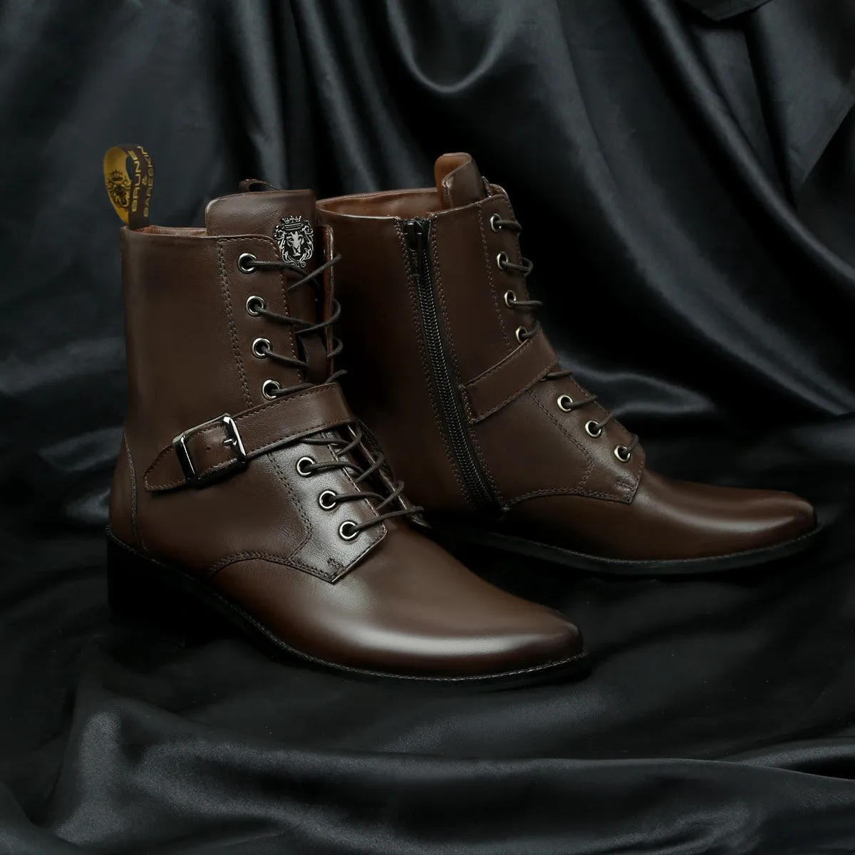 Brown Leather Buckle Fastening Combat Lace Up Ladies Boots By Brune & Bareskin