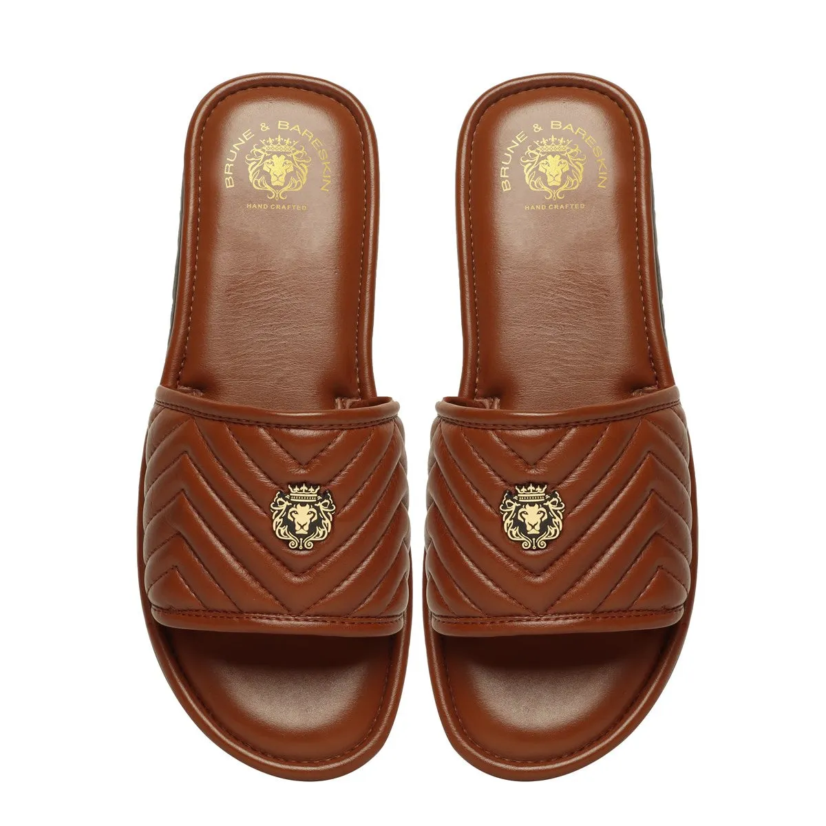 Brown Leather Zig-Zag Strap Comfy Slide-in Slippers By Brune & Bareskin