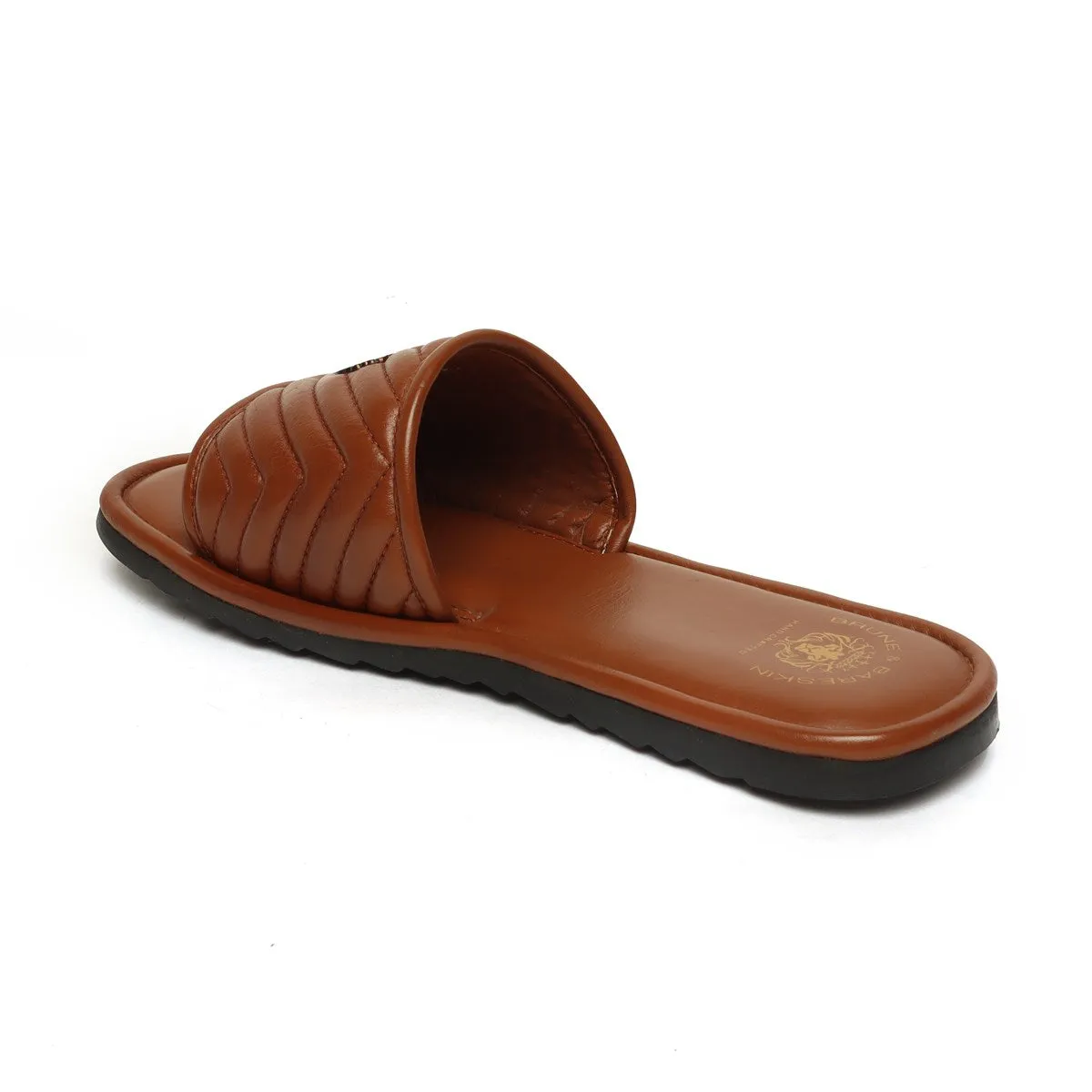 Brown Leather Zig-Zag Strap Comfy Slide-in Slippers By Brune & Bareskin