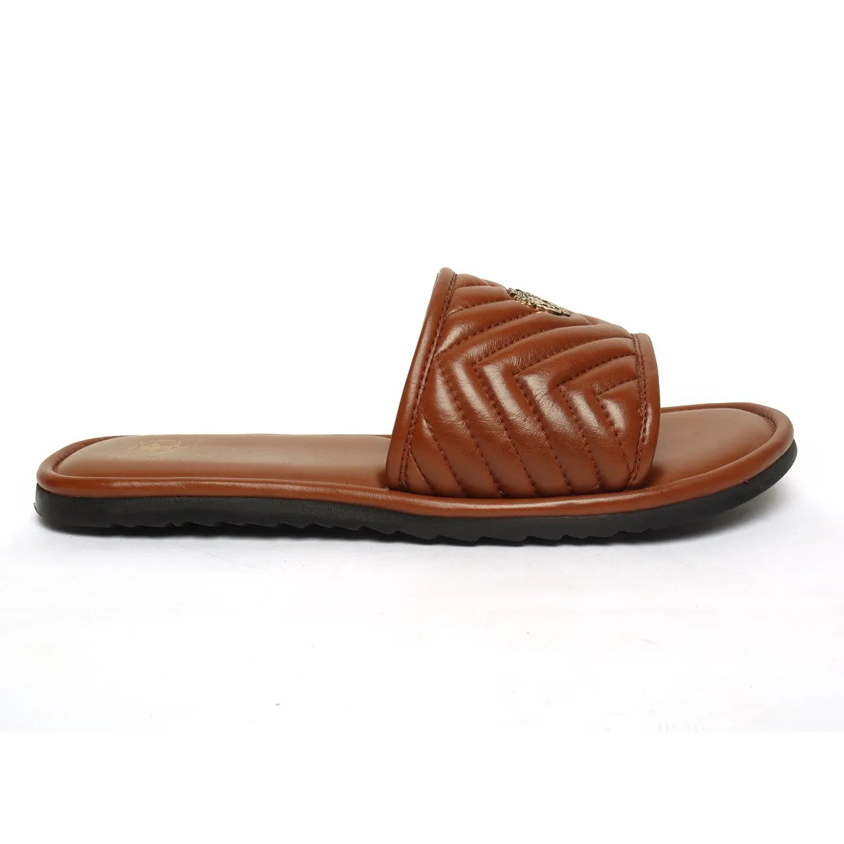 Brown Leather Zig-Zag Strap Comfy Slide-in Slippers By Brune & Bareskin