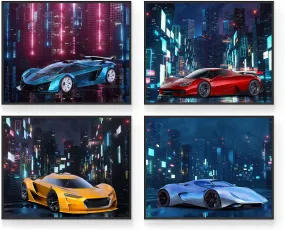 Car Wall Art, Car Poster, Car Posters for Boys Room - Set of 4 (10x8) Car Wall Decor, Car Decor for Boys Room, Kids Room Decor For Boys - UNFRAMED Boys Room Wall Decor - Cyber City Theme