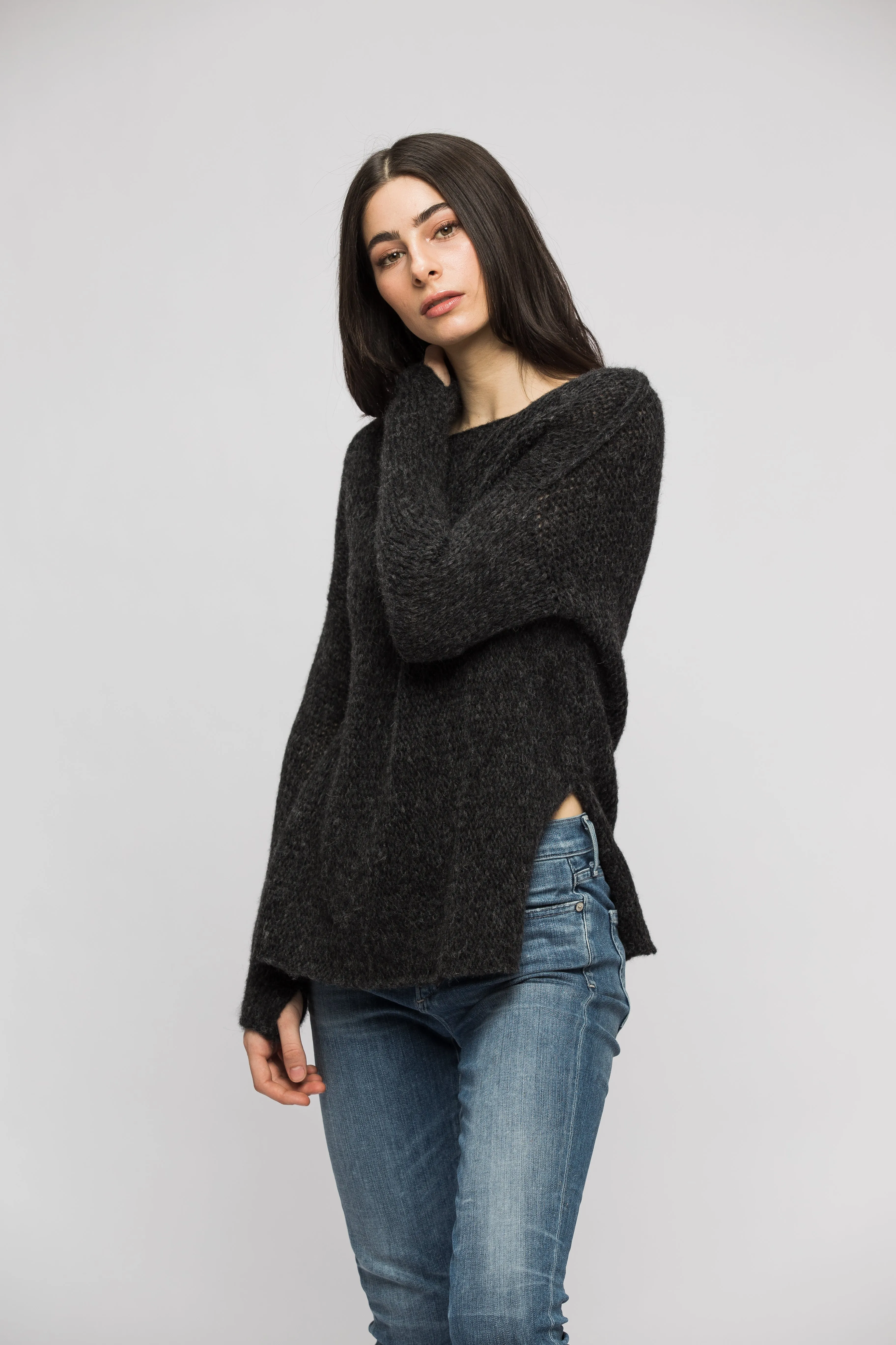 Charcoal alpaca split sides sweater.