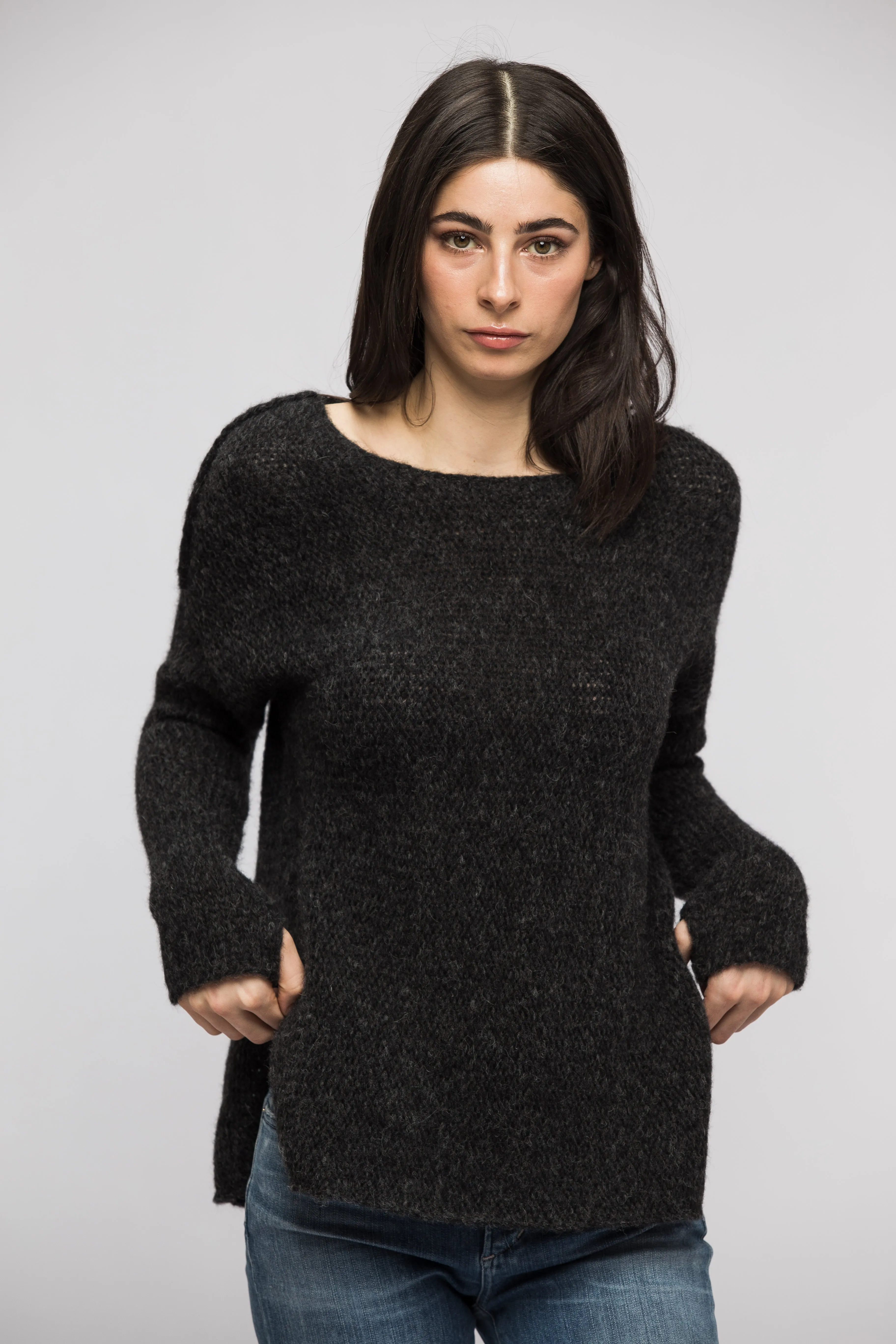 Charcoal alpaca split sides sweater.