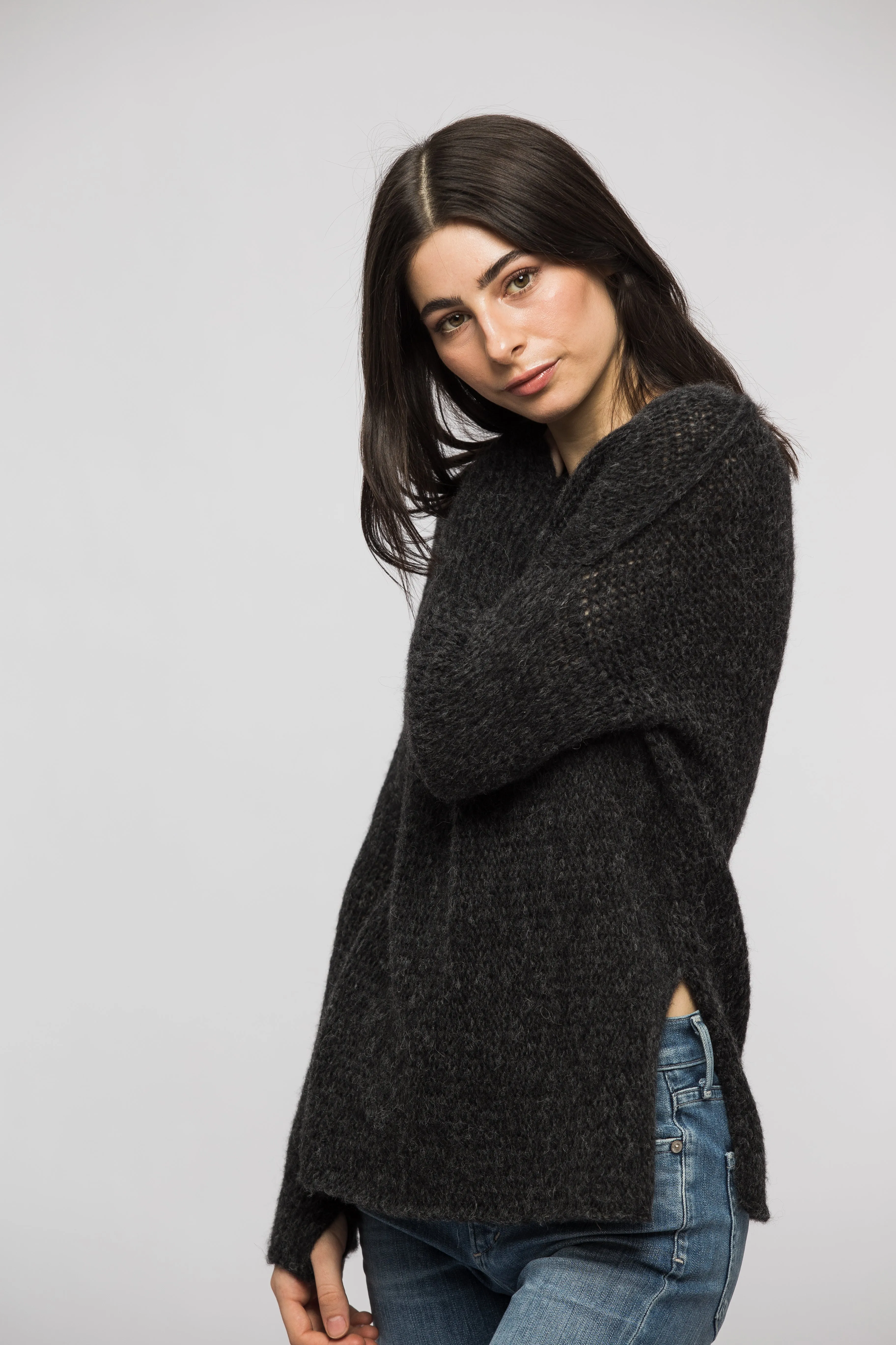 Charcoal alpaca split sides sweater.