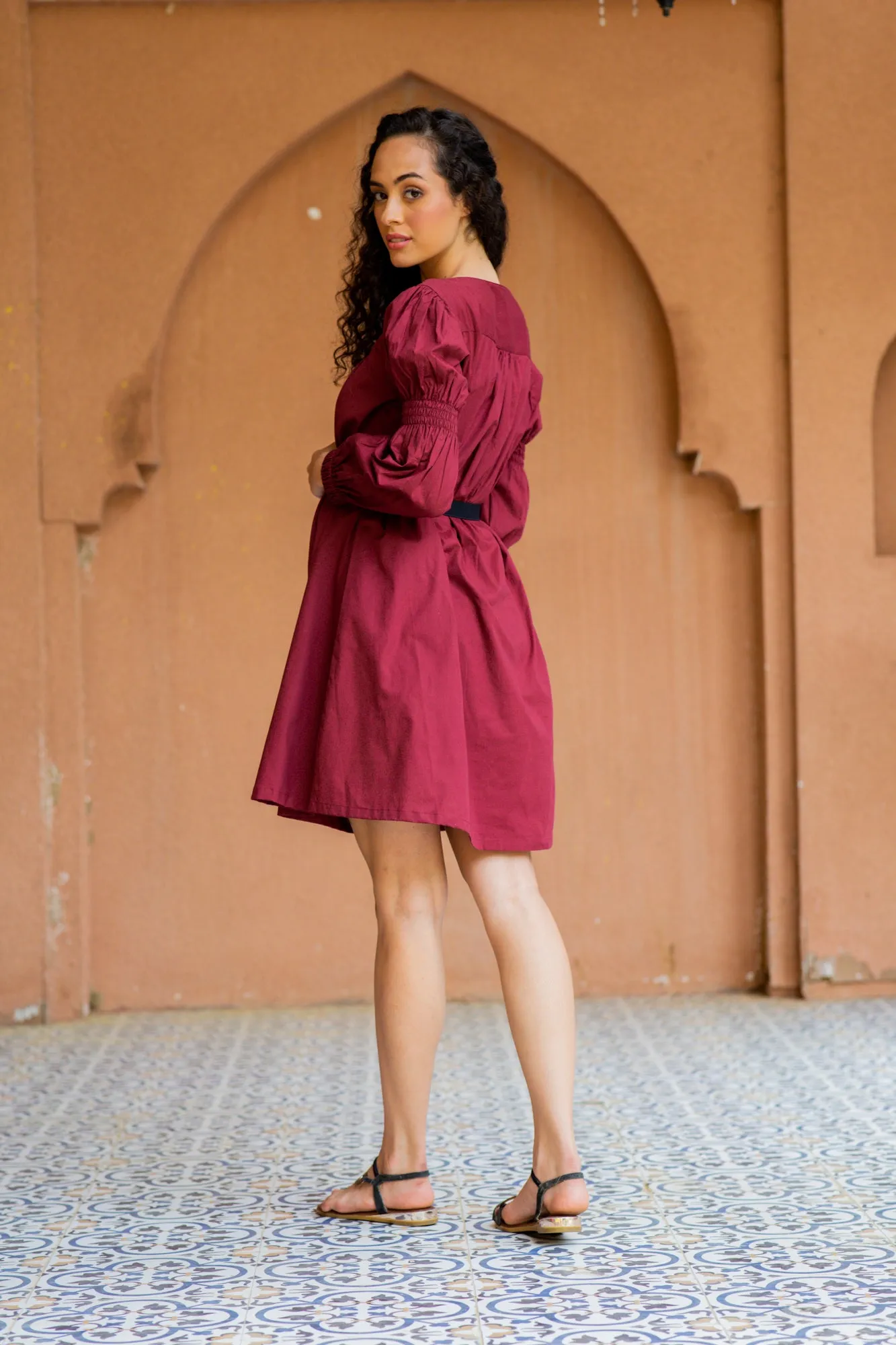 Classy Red Berry Maternity & Nursing Knee Dress (100% Cotton)