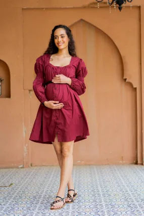 Classy Red Berry Maternity & Nursing Knee Dress (100% Cotton)