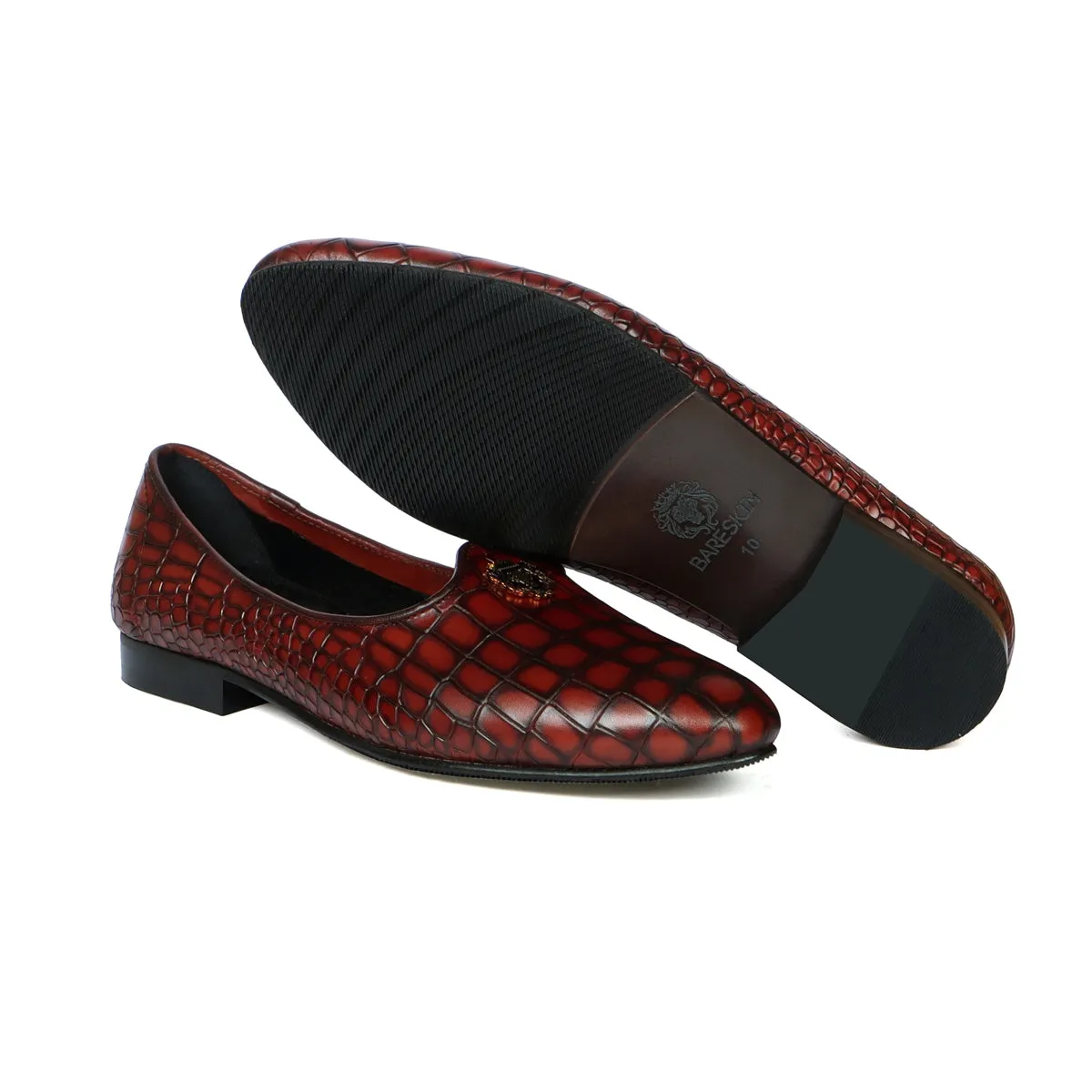 Cognac Deep Cut Croco Smoky Textured Leather Men Jalsa