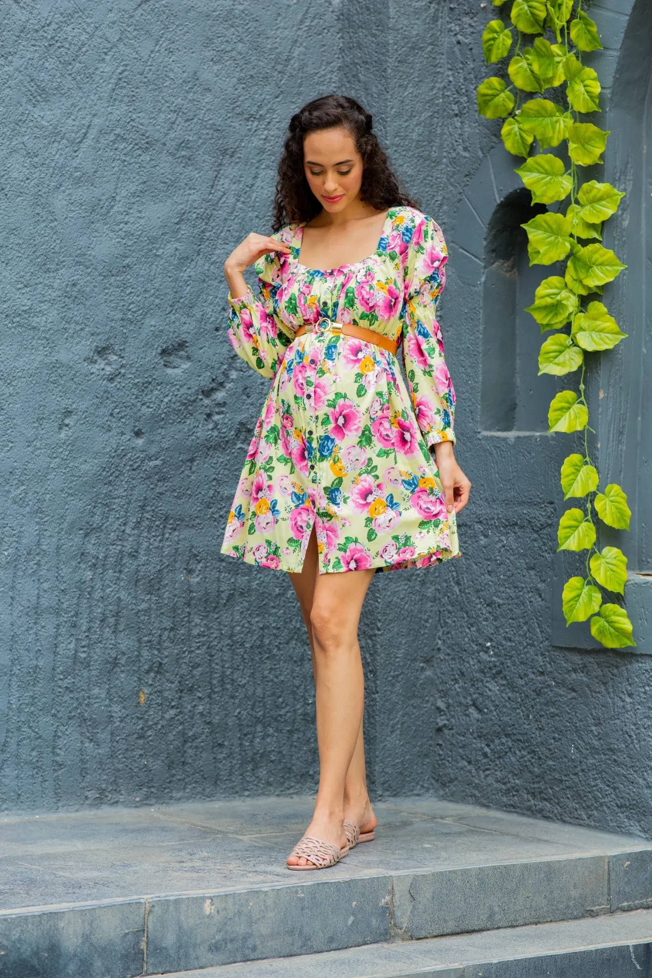 Creamy Blooming Bouquet Maternity & Nursing Knee Dress (100% Cotton)