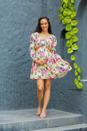 Creamy Blooming Bouquet Maternity & Nursing Knee Dress (100% Cotton)