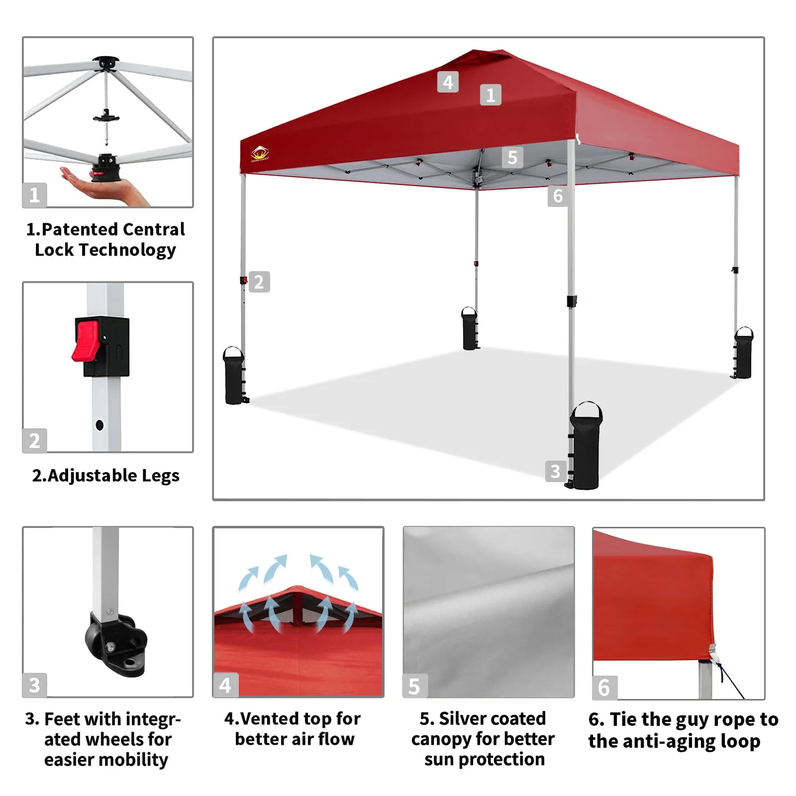 CROWN SHADES 10x10 Pop Up Canopy - Beach Tent with One Push Setup - Easy Outdoor Sun Shade for Events, Parties, Camping - Gazebo with STO-N-Go Cover Bag, Silver Coated Top, Red