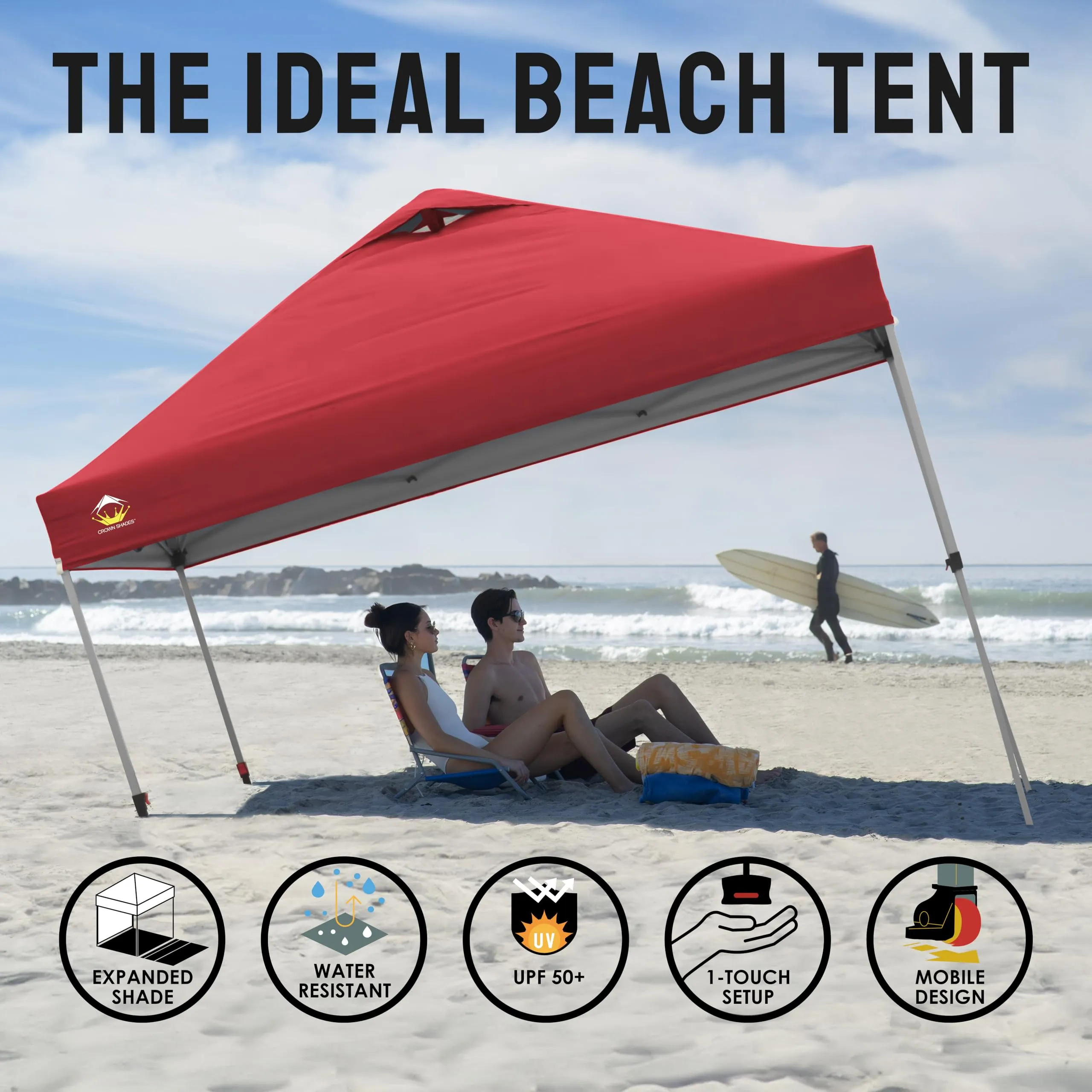 CROWN SHADES 10x10 Pop Up Canopy - Beach Tent with One Push Setup - Easy Outdoor Sun Shade for Events, Parties, Camping - Gazebo with STO-N-Go Cover Bag, Silver Coated Top, Red