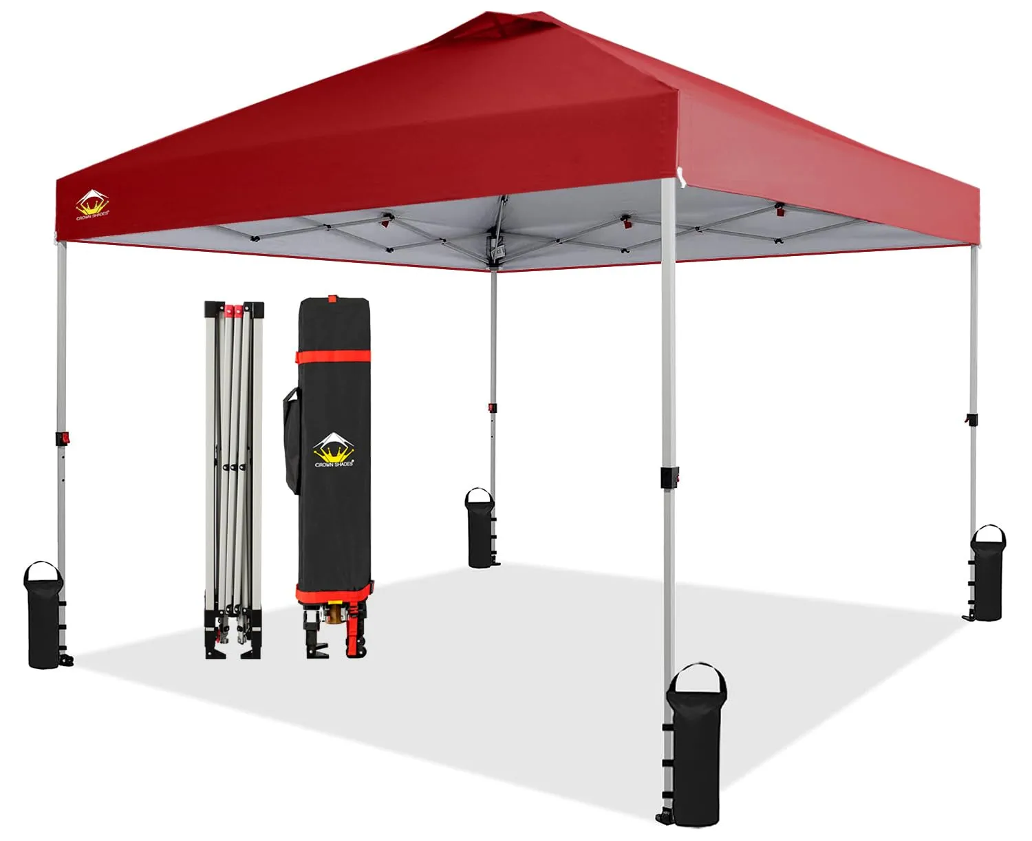 CROWN SHADES 10x10 Pop Up Canopy - Beach Tent with One Push Setup - Easy Outdoor Sun Shade for Events, Parties, Camping - Gazebo with STO-N-Go Cover Bag, Silver Coated Top, Red