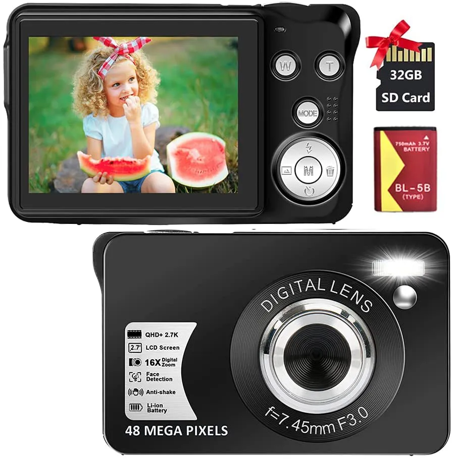 Digital Camera 2.7K 48 Mega Pixels 2.7 Inch HD Camera Rechargeable Mini Camera16x Digital Zoom Compact Camera for Beginner(32GB SD Card Included)