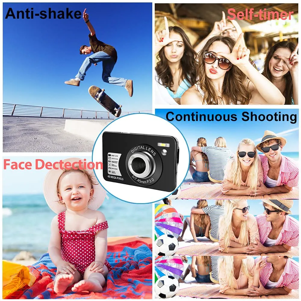 Digital Camera 2.7K 48 Mega Pixels 2.7 Inch HD Camera Rechargeable Mini Camera16x Digital Zoom Compact Camera for Beginner(32GB SD Card Included)