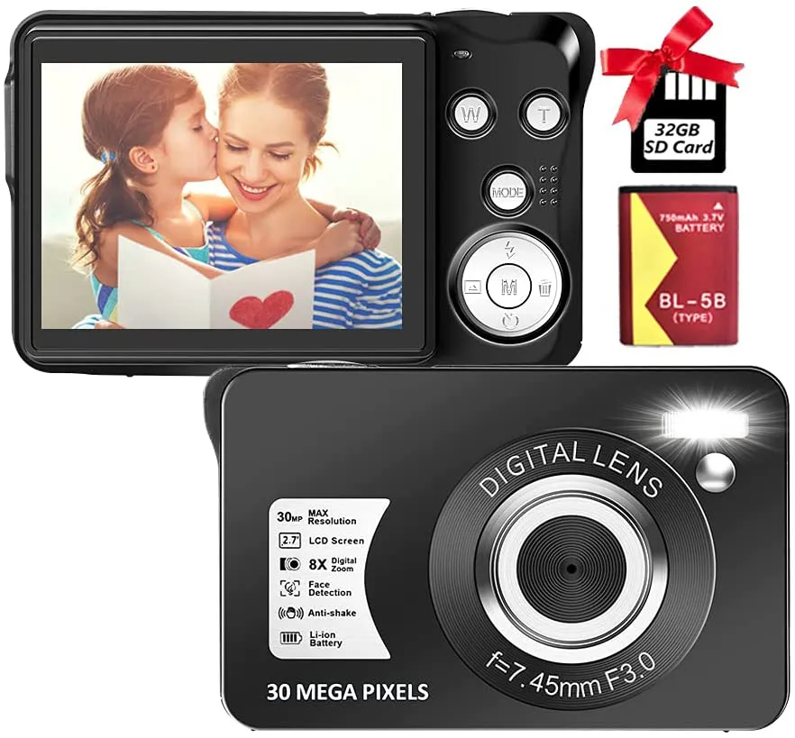 Digital Camera 2.7K 48 Mega Pixels 2.7 Inch HD Camera Rechargeable Mini Camera16x Digital Zoom Compact Camera for Beginner(32GB SD Card Included)