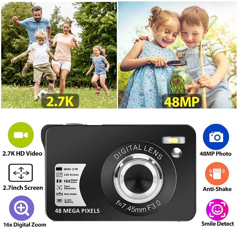 Digital Camera 2.7K 48 Mega Pixels 2.7 Inch HD Camera Rechargeable Mini Camera16x Digital Zoom Compact Camera for Beginner(32GB SD Card Included)