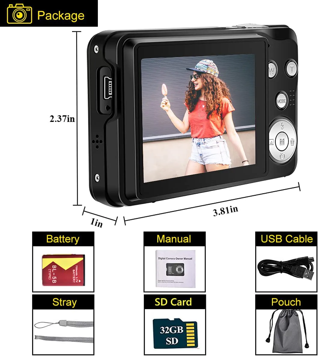 Digital Camera 2.7K 48 Mega Pixels 2.7 Inch HD Camera Rechargeable Mini Camera16x Digital Zoom Compact Camera for Beginner(32GB SD Card Included)