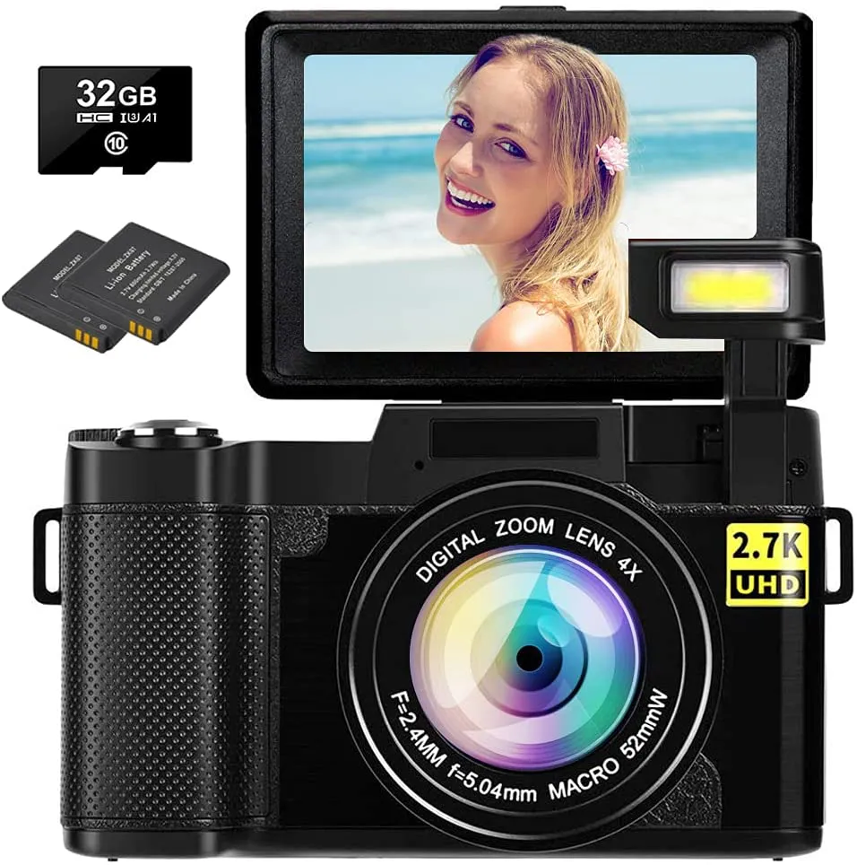 Digital Camera 2.7K 48 Mega Pixels 2.7 Inch HD Camera Rechargeable Mini Camera16x Digital Zoom Compact Camera for Beginner(32GB SD Card Included)