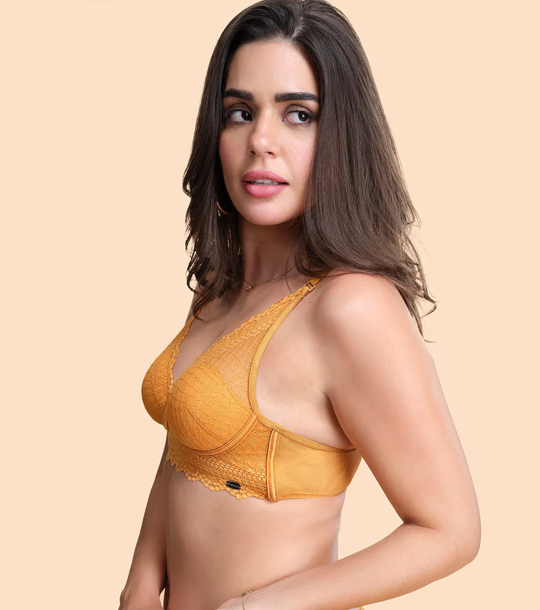 Enamor Pure Ease F125 Longline Comfort Lace Bra for Women - Padded, Wirefree and High Coverage