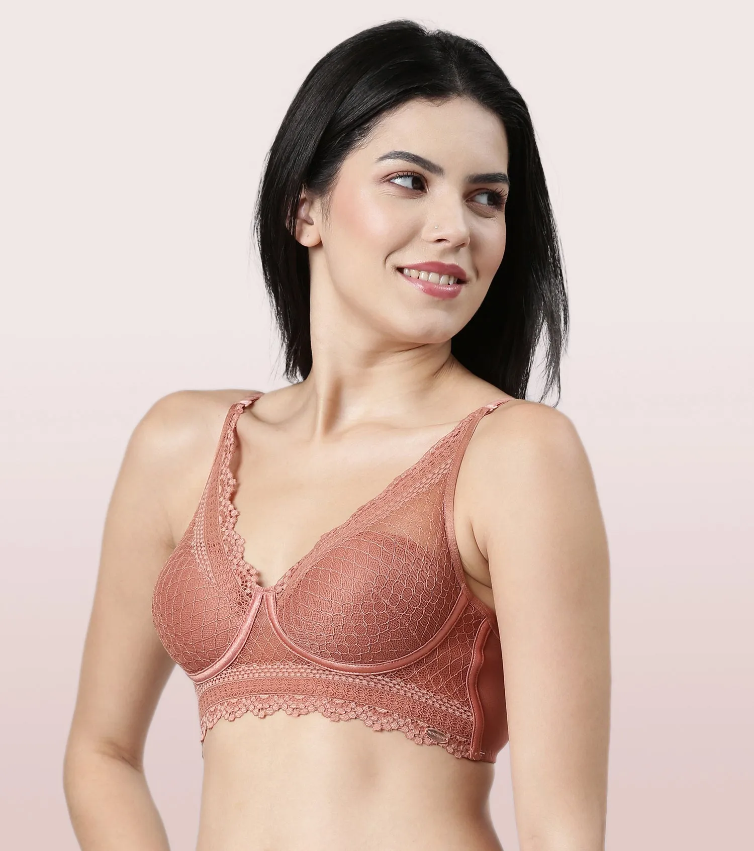 Enamor Pure Ease F125 Longline Comfort Lace Bra for Women - Padded, Wirefree and High Coverage