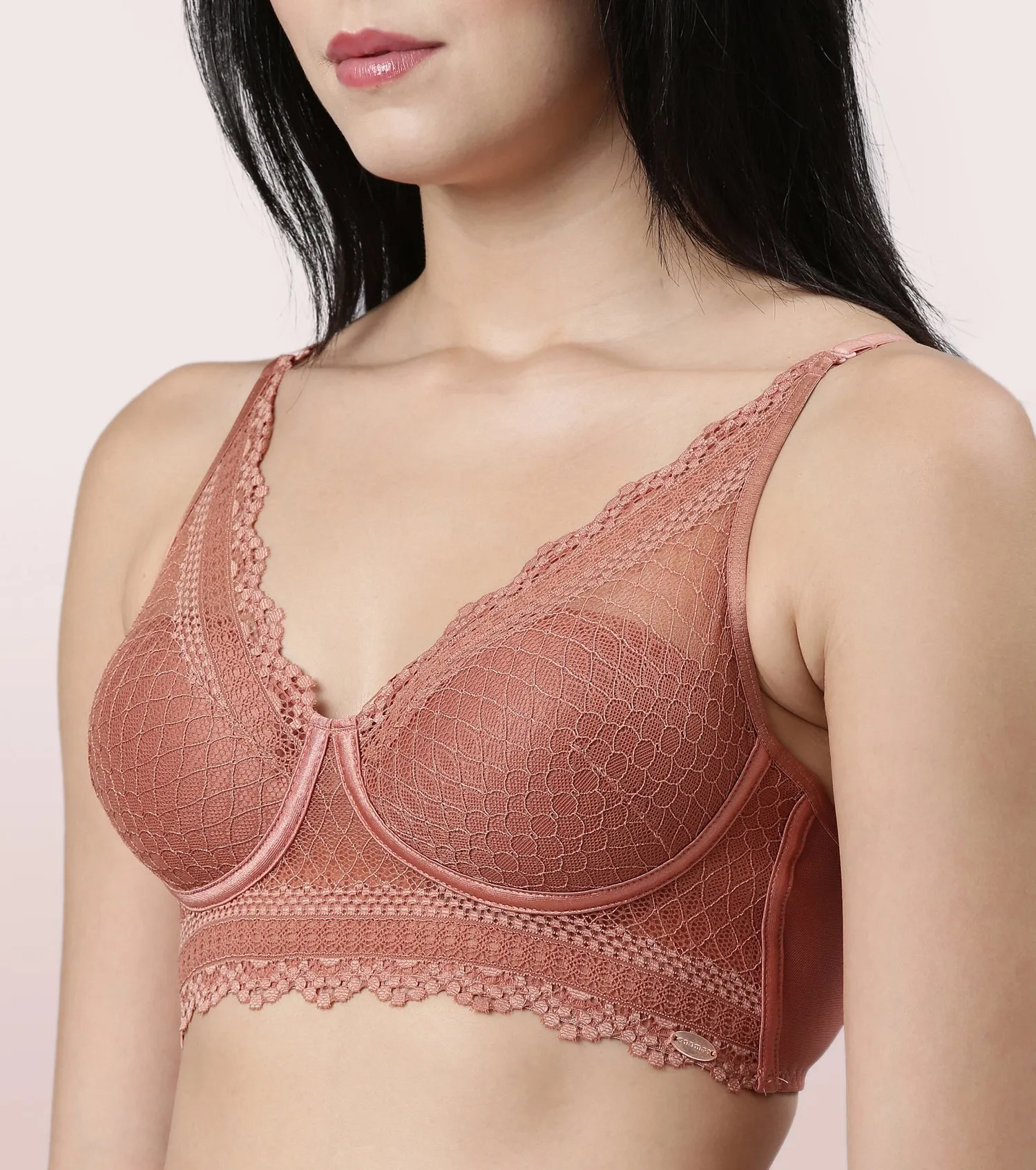 Enamor Pure Ease F125 Longline Comfort Lace Bra for Women - Padded, Wirefree and High Coverage