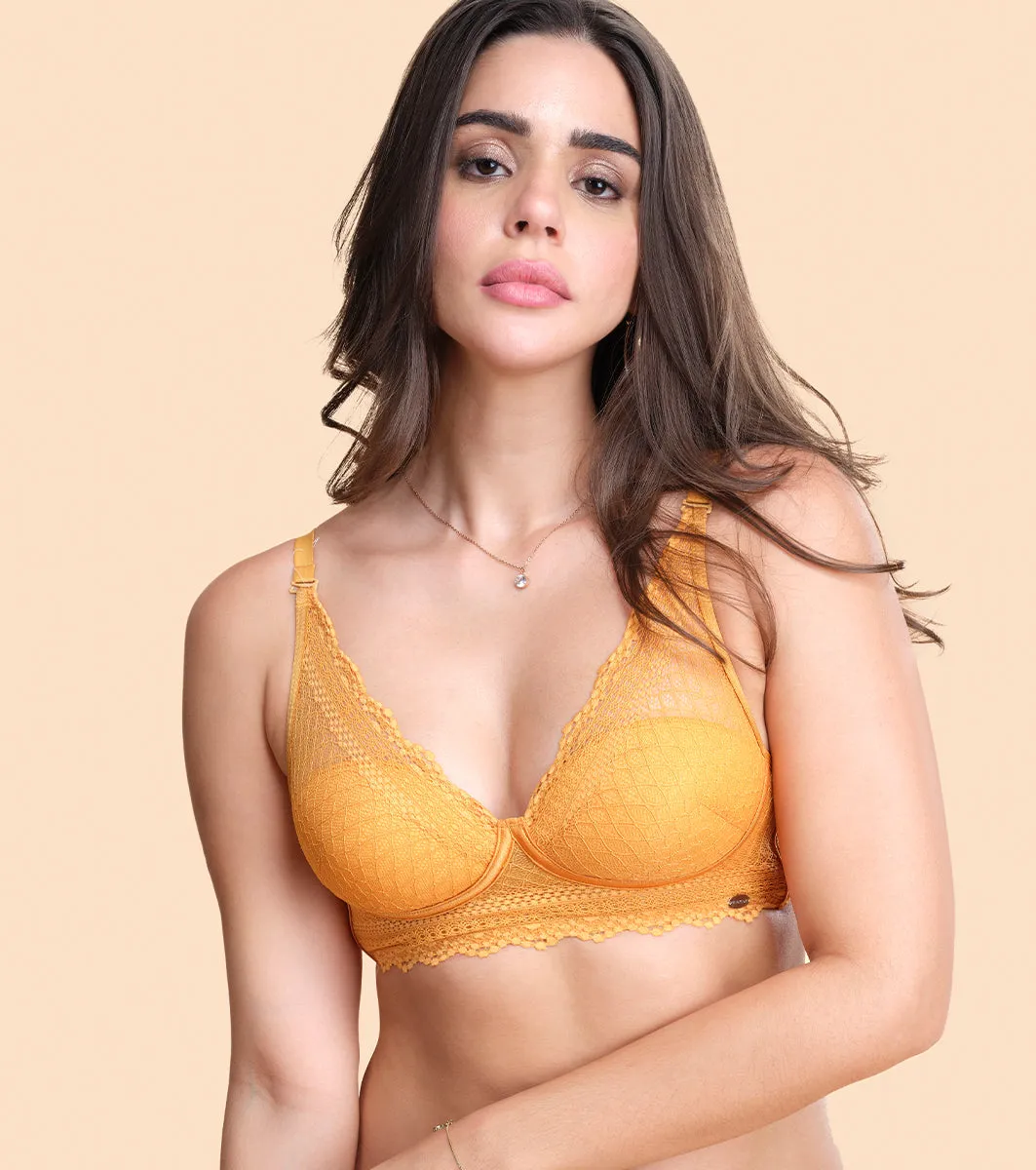 Enamor Pure Ease F125 Longline Comfort Lace Bra for Women - Padded, Wirefree and High Coverage