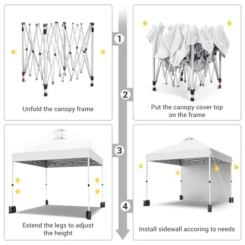 GARVEE 10x10 Pop Up Canopy Tent, Portable Instant Commercial Canopy with 1 Sidewall, Patio Tent with Vented Top Roller Bag 4 Sandbags 4 Ropes and 8 Tent Stakes,White