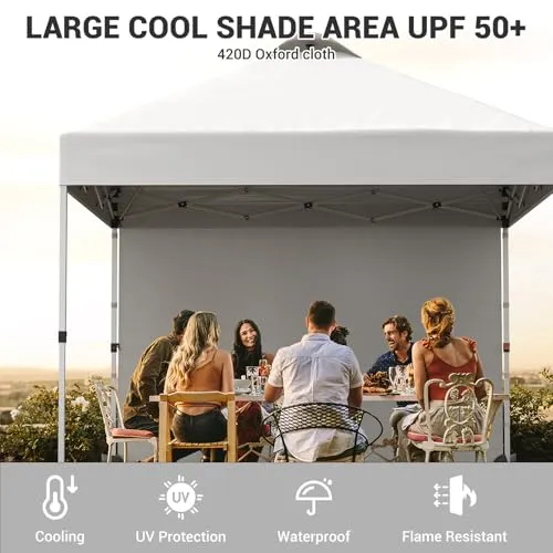 GARVEE 10x10 Pop Up Canopy Tent, Portable Instant Commercial Canopy with 1 Sidewall, Patio Tent with Vented Top Roller Bag 4 Sandbags 4 Ropes and 8 Tent Stakes,White