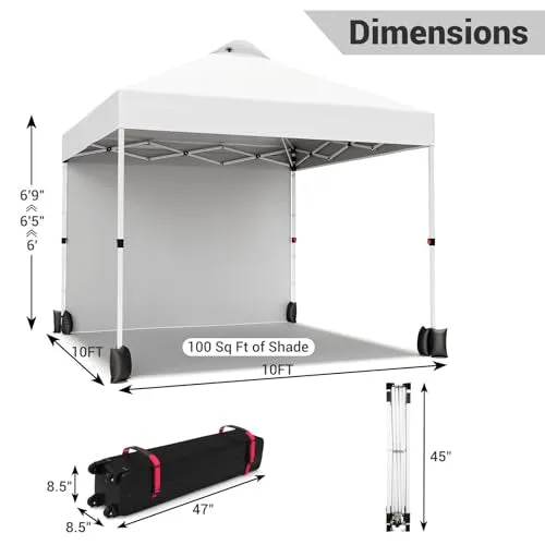 GARVEE 10x10 Pop Up Canopy Tent, Portable Instant Commercial Canopy with 1 Sidewall, Patio Tent with Vented Top Roller Bag 4 Sandbags 4 Ropes and 8 Tent Stakes,White