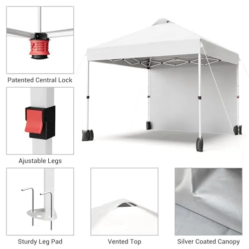 GARVEE 10x10 Pop Up Canopy Tent, Portable Instant Commercial Canopy with 1 Sidewall, Patio Tent with Vented Top Roller Bag 4 Sandbags 4 Ropes and 8 Tent Stakes,White