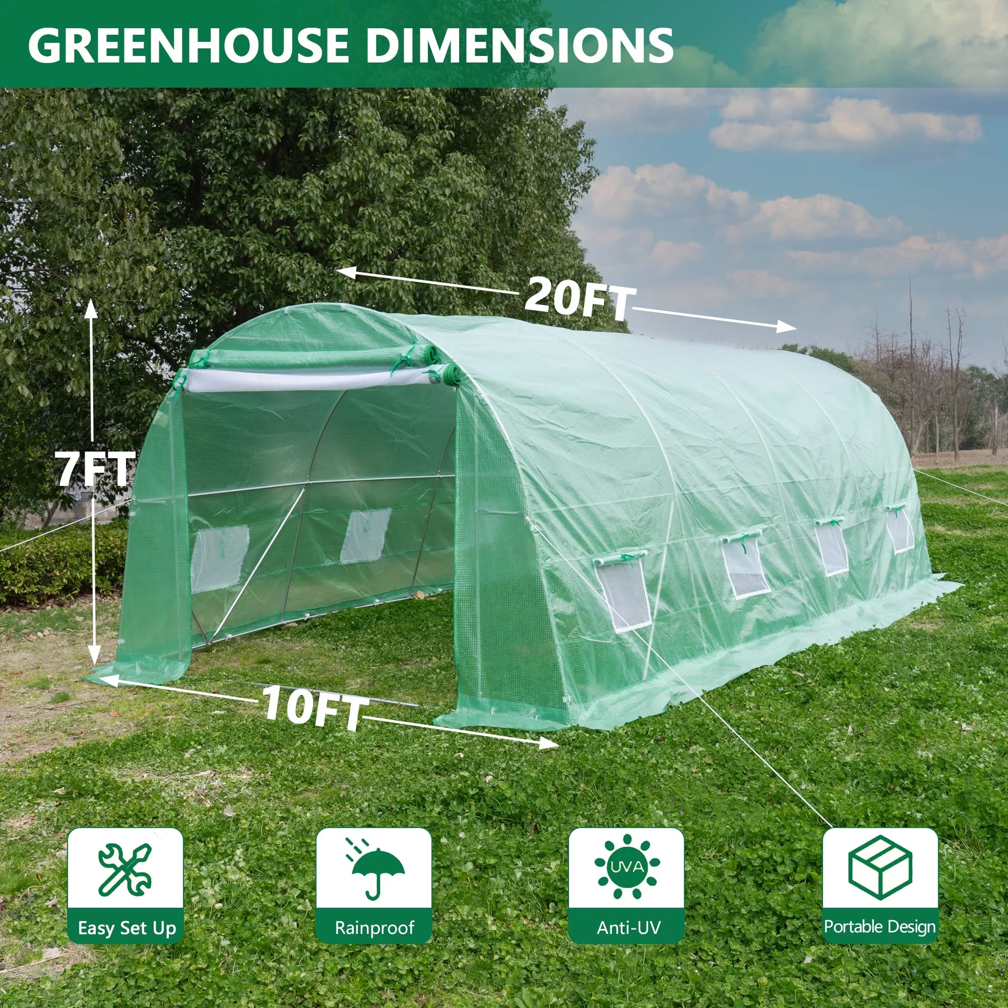 GARVEE 20' x 10' x 7' Greenhouse, Upgraded Large Gardening Plant Hot House , Heavy-Duty Green House for Outside Winter with Reinforced Frame 2 Zipper Mesh Doors and 8 Screen Windows