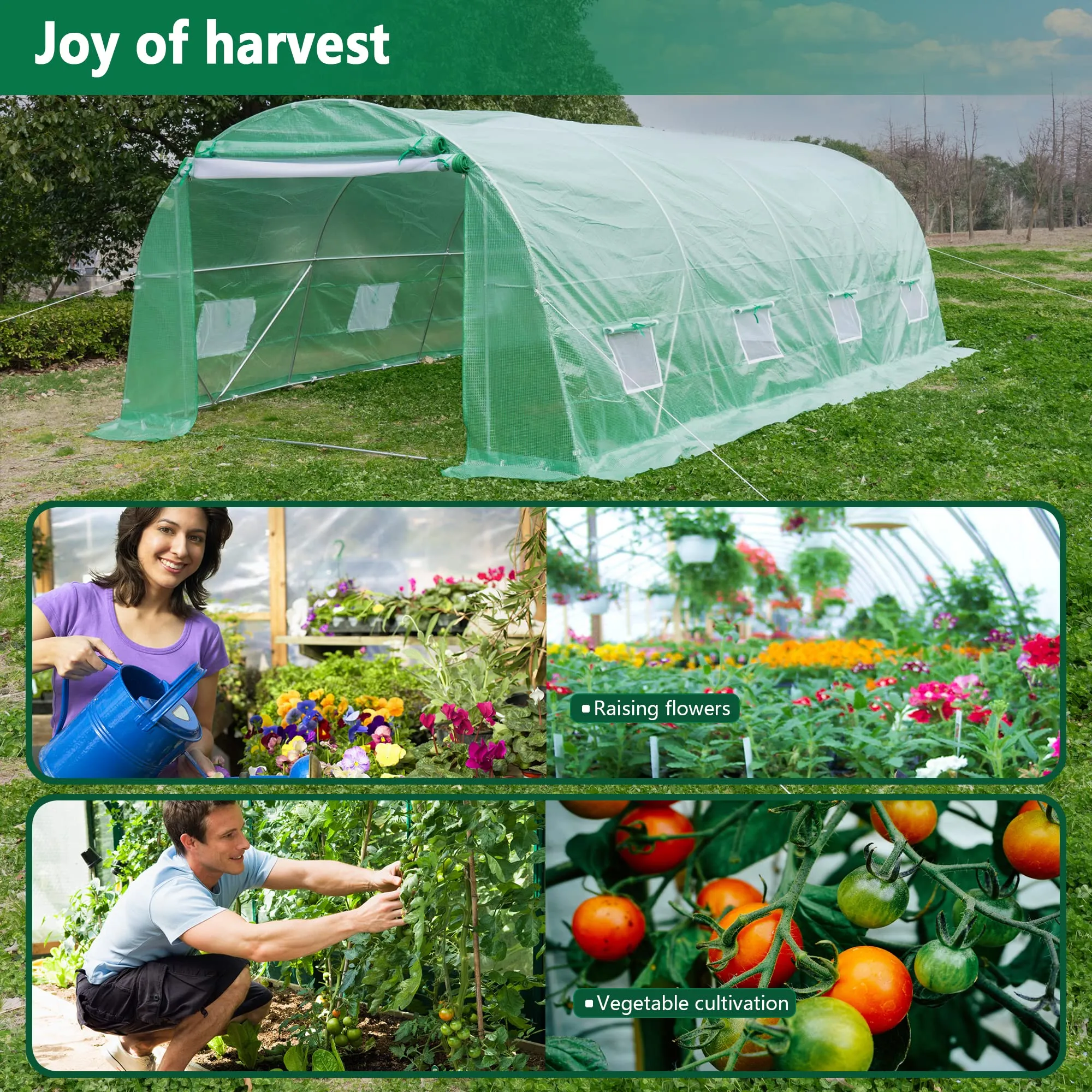 GARVEE 20' x 10' x 7' Greenhouse, Upgraded Large Gardening Plant Hot House , Heavy-Duty Green House for Outside Winter with Reinforced Frame 2 Zipper Mesh Doors and 8 Screen Windows