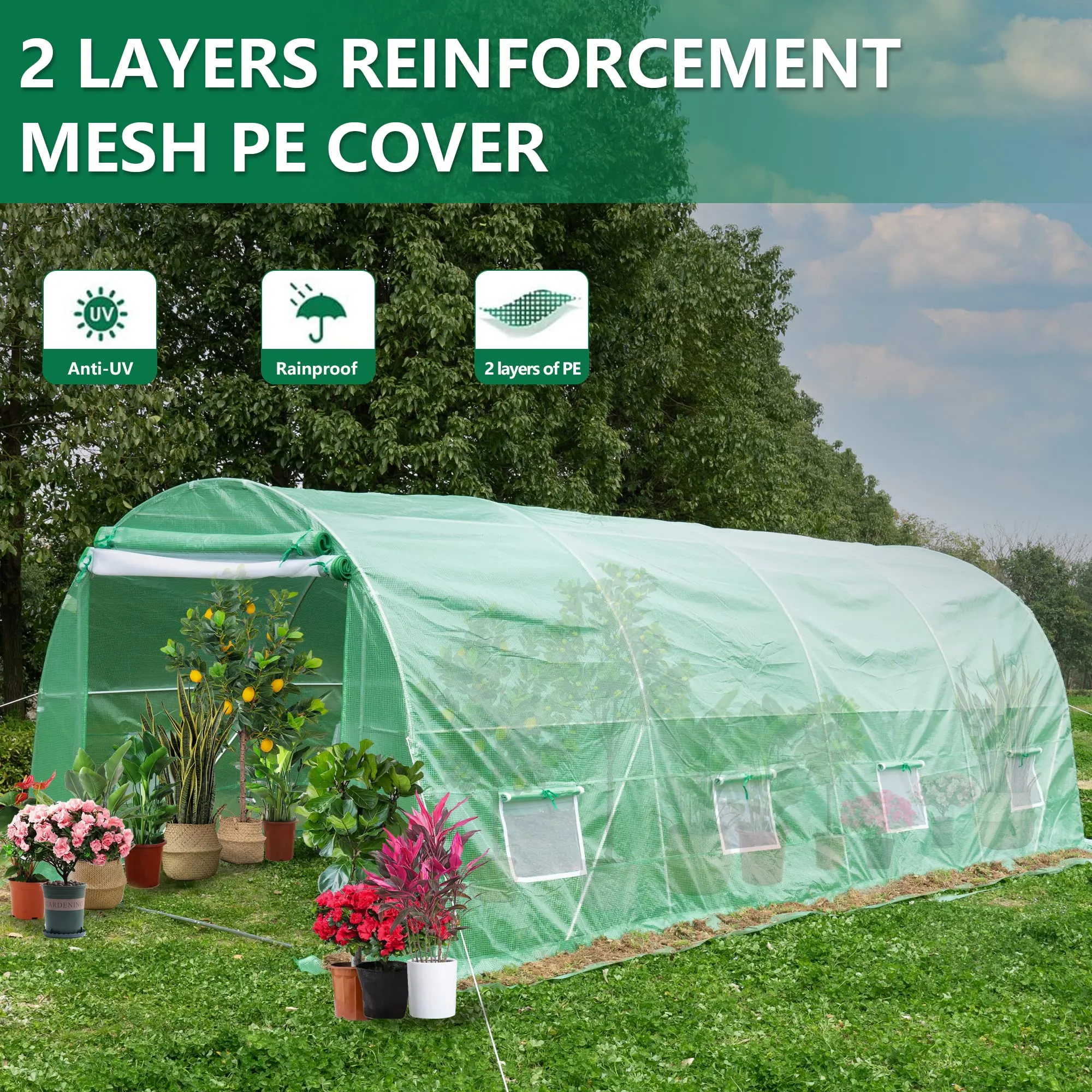 GARVEE 20' x 10' x 7' Greenhouse, Upgraded Large Gardening Plant Hot House , Heavy-Duty Green House for Outside Winter with Reinforced Frame 2 Zipper Mesh Doors and 8 Screen Windows