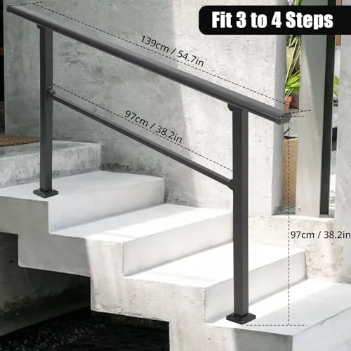 GARVEE 2PCS Handrails for Outdoor Steps, 4 Step Handrail Fit 3 or 4 Steps Outdoor Stair Railing, Black Wrought Iron Stair Handrail with Installation Kit, Metal Porch Railing