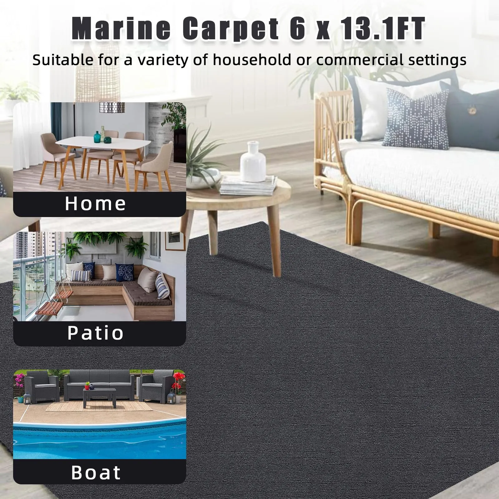 GARVEE 6FT*13.1FT Boat Marine Carpet, Black Marine Carpet, Indoor/Outdoor Rug, TPR Non-Slip, Waterproof, for Patio Deck, Outdoor Use, Camping