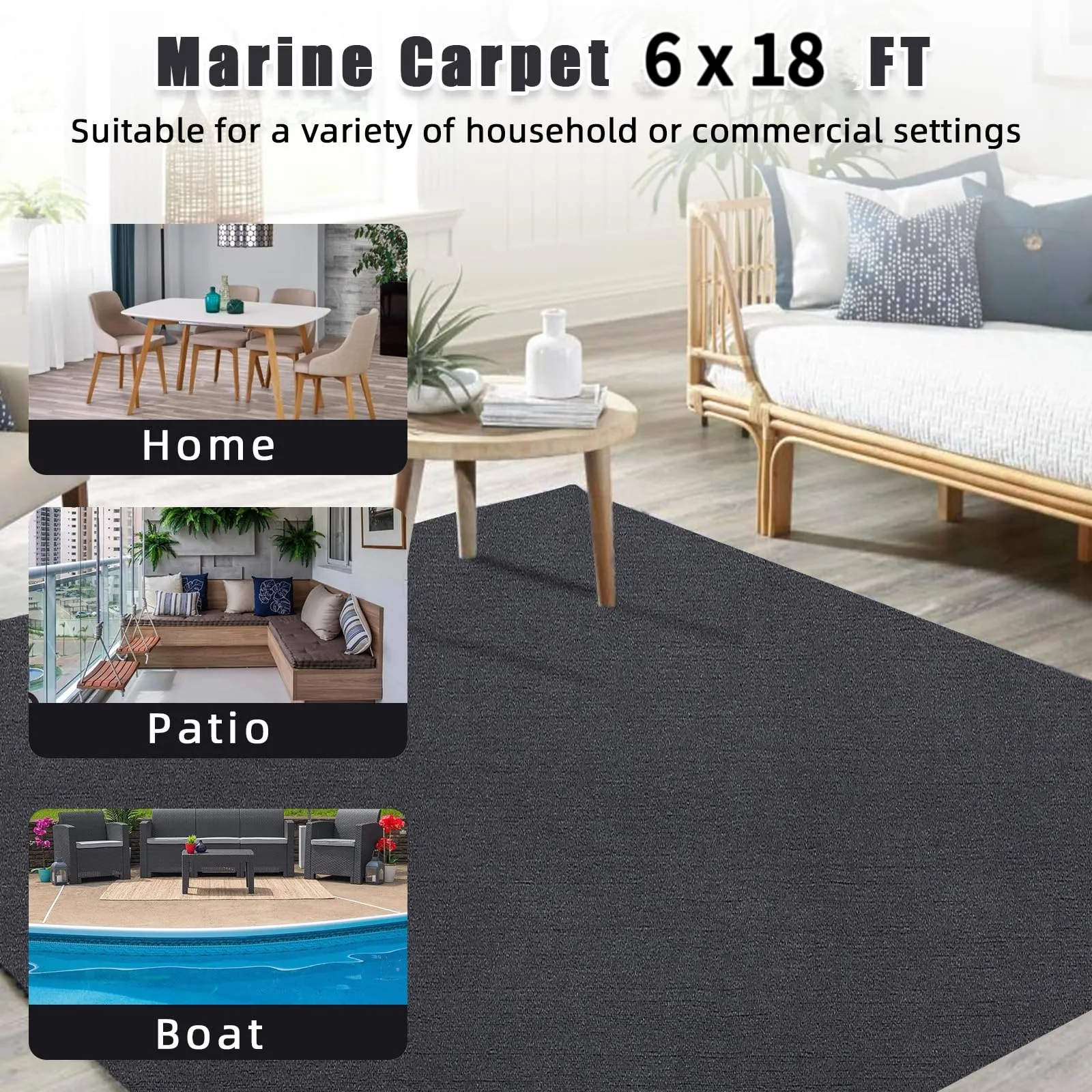 GARVEE 6FT*18FT Boat Marine Carpet, Black Marine Carpet, Indoor/Outdoor Rug, TPR Non-Slip, Waterproof, for Patio Deck, Outdoor Use, Camping